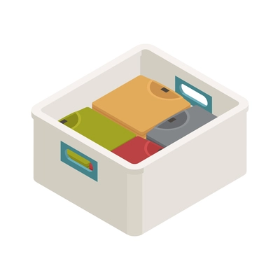 Laundry dry cleaning interior isometric icon with folded tshirts in container vector illustration