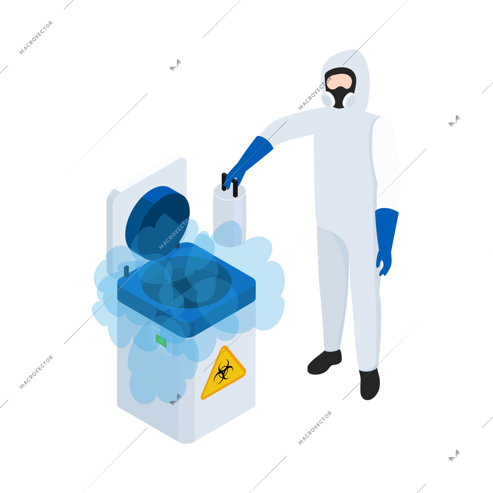 Cryonics cryogenics isometric icon with worker wearing protective costume vector illustration