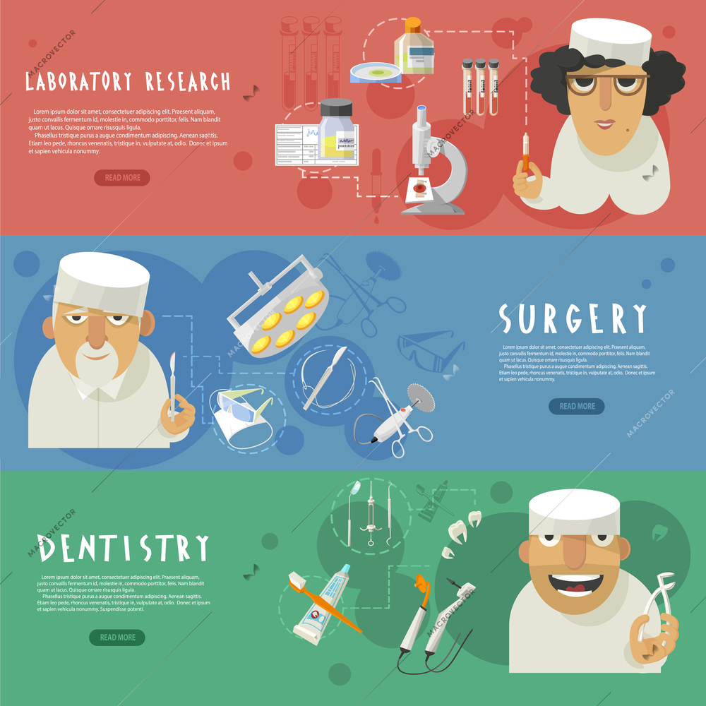 Three horizontal medical care banners with laboratory research surgery and dentistry infographic elements flat abstract vector illustration