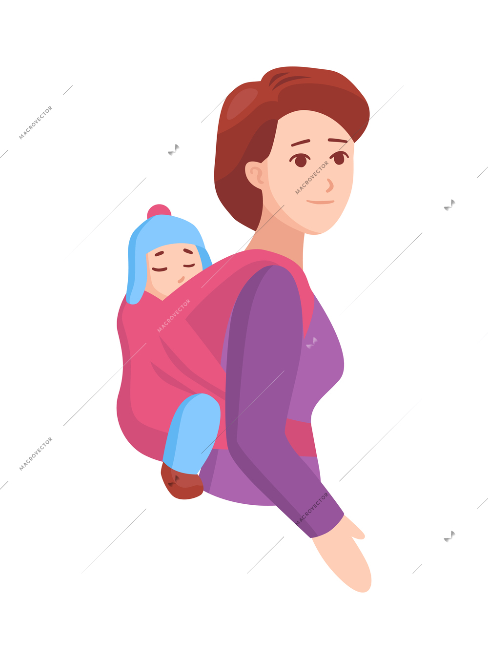Mum carrying baby sleeping in sling flat vector illustration