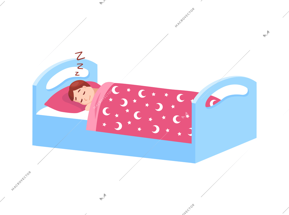 Little girl sleeping in bed flat vector illustration