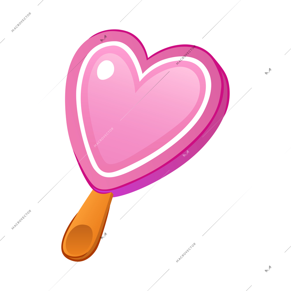 Heart shaped strawberry ice cream on wooden stick flat vector illustration