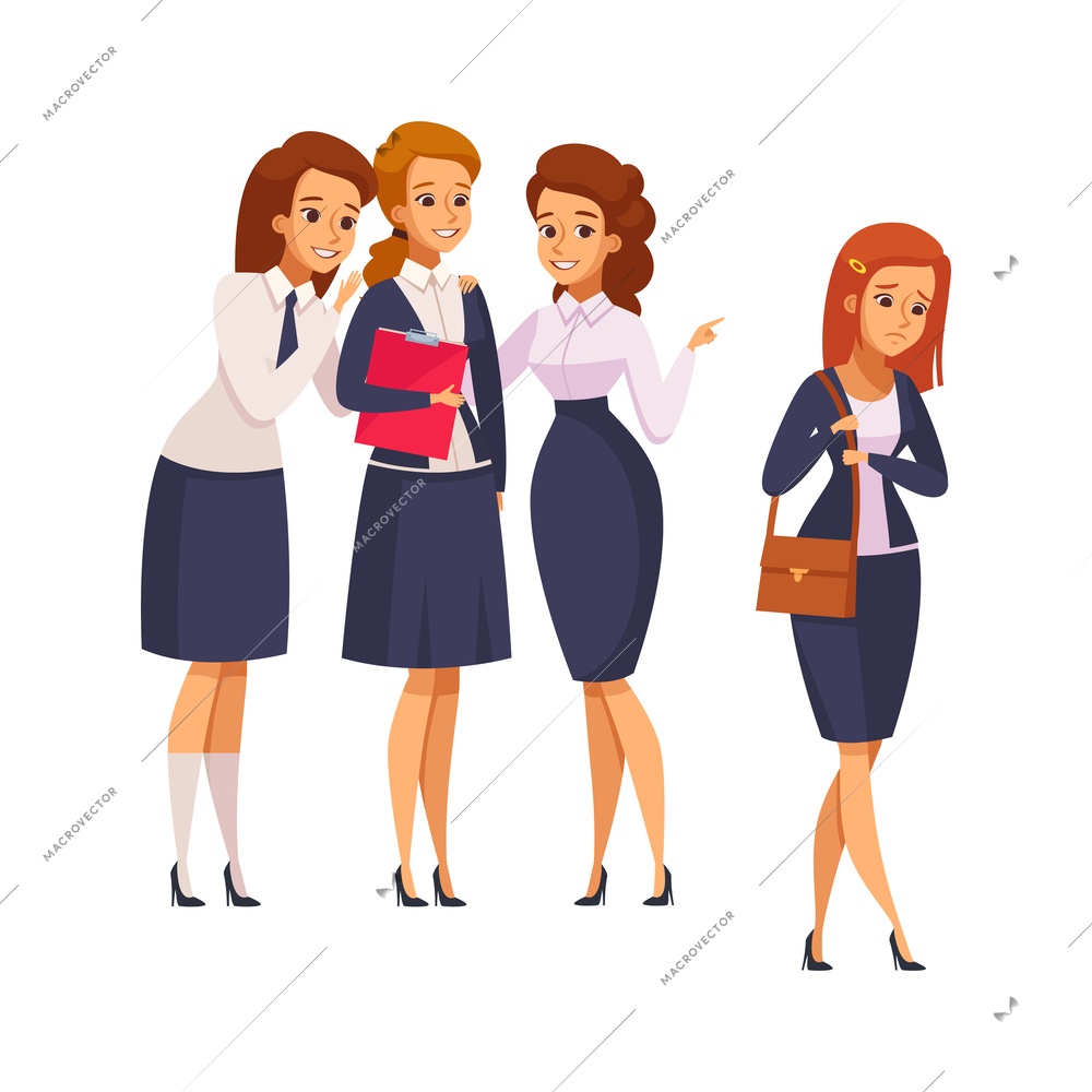 Bad behavior bullying children cartoon concept with group of female teenagers whispering and laughing at sad girl vector illustration