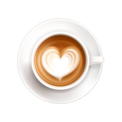 Realistic cup of coffee on saucer with latte art top view with milk foam in shape of heart vector illustration