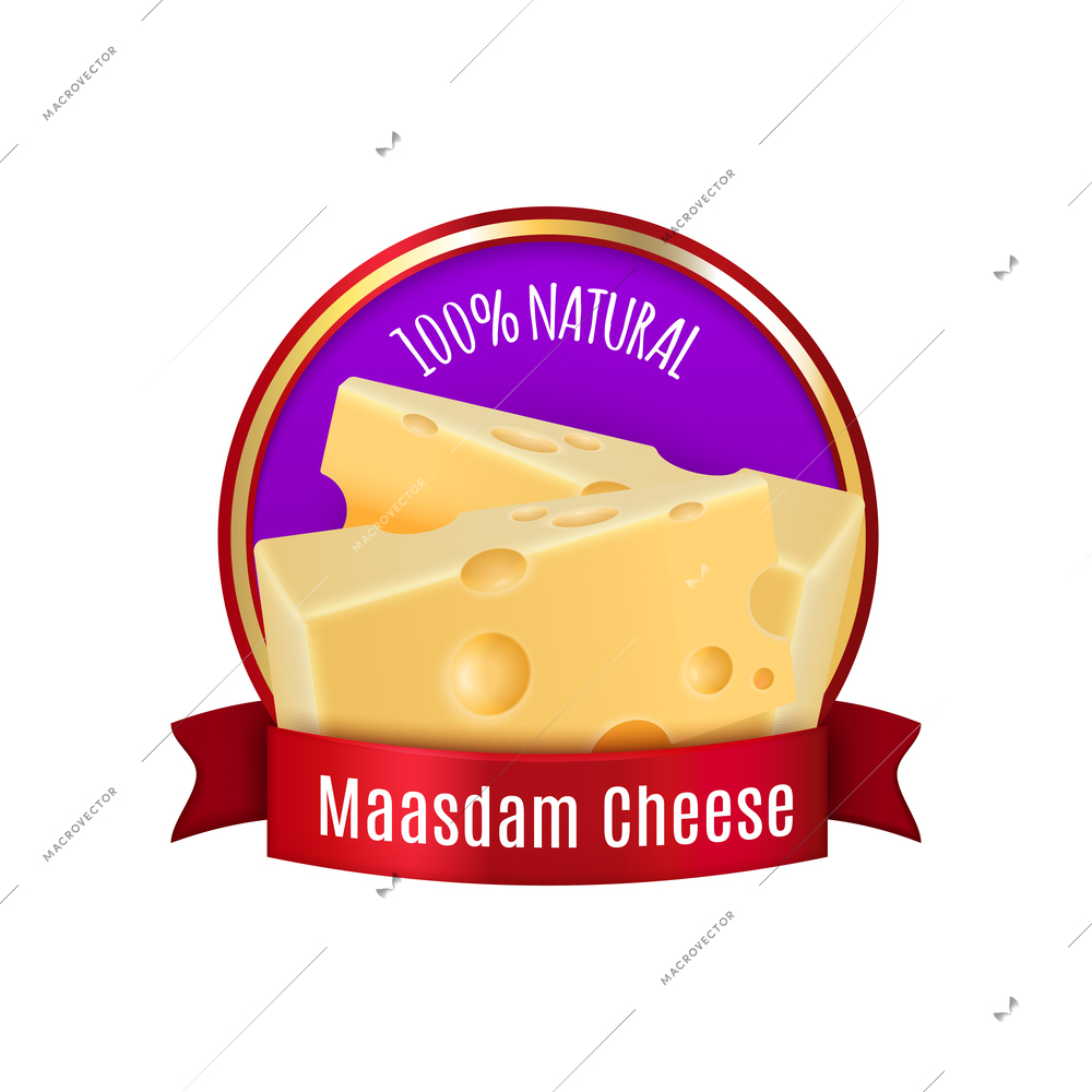 Natural maasdam cheese realistic label with red ribbon vector illustration