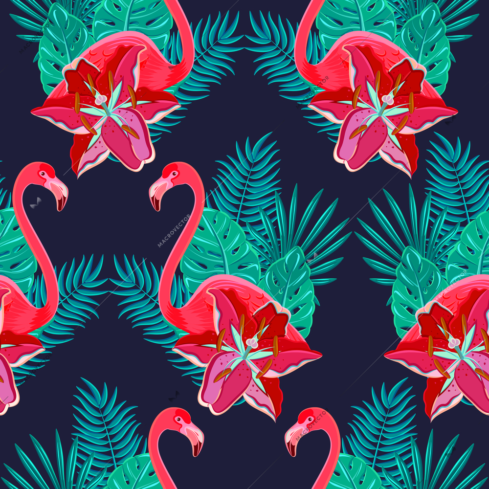 Flamingo birds and tropical hibiscus bright flowers tropical foliage colorful composition hawaiian seamless pattern abstract vector illustration