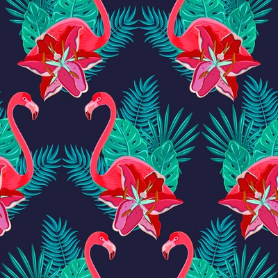 Flamingo birds and tropical hibiscus bright flowers tropical foliage colorful composition hawaiian seamless pattern abstract vector illustration