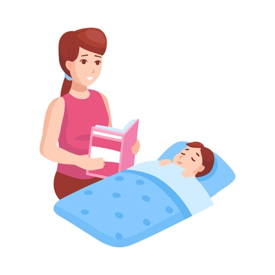 Mum reading book to sleeping child flat vector illustration