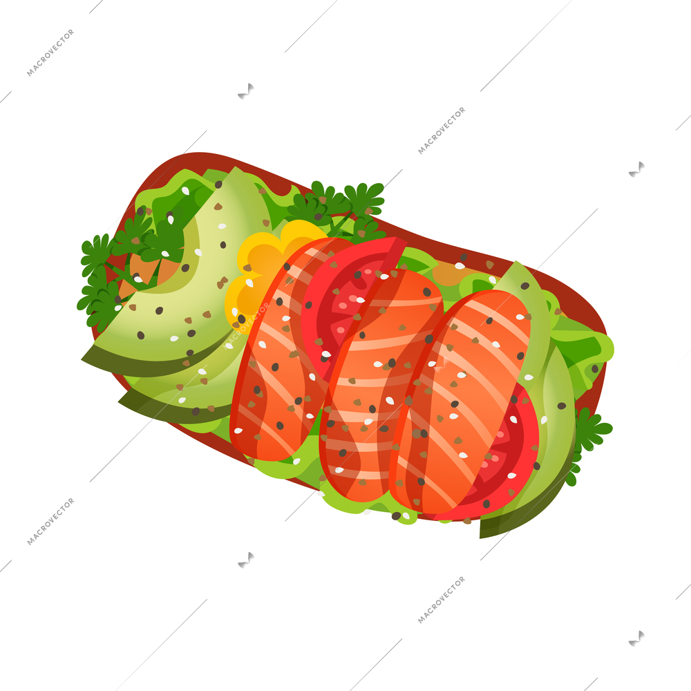 Healthy breakfast flat icon with sandwich with avocado and salmon vector illustration