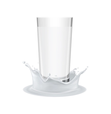 Glass in milk splashes realistic vector illustration