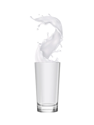 Glass with pouring milk splashes realistic vector illustration