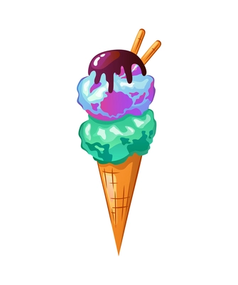 Ice cream with topping in wafer cone flat vector illustration