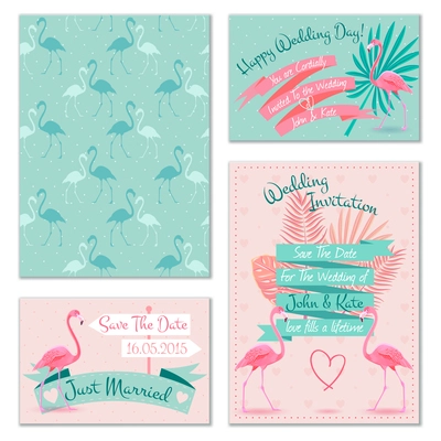 Romantic flamingo birds on mint background wedding invitation cards set with heart symbol abstract isolated vector illustration