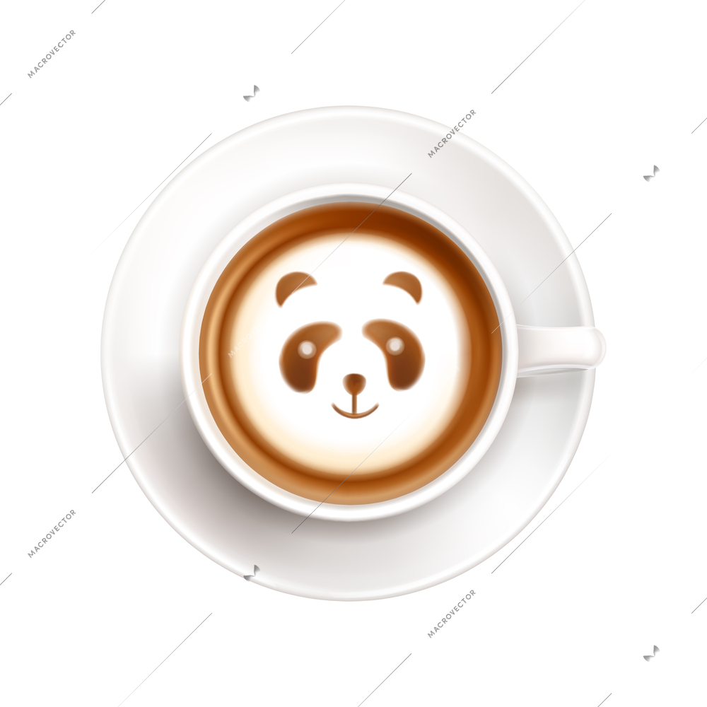 Cup of coffee on saucer with latte art top view with milk foam in shape of cute panda realistic vector illustration