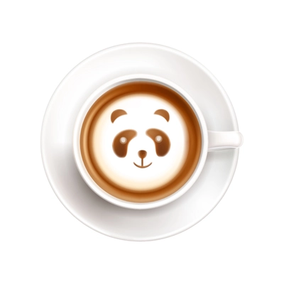 Cup of coffee on saucer with latte art top view with milk foam in shape of cute panda realistic vector illustration