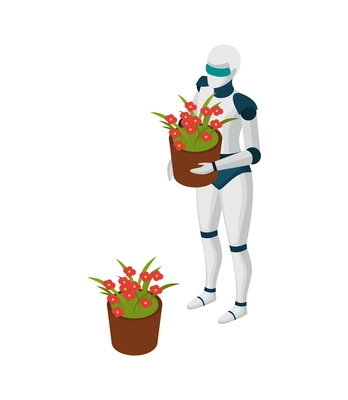 Creative robot florist with potted flowers artificial intelligence isometric icon vector illustration