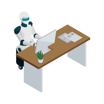 Robot working on computer artificial intelligence isometric icon vector illustration