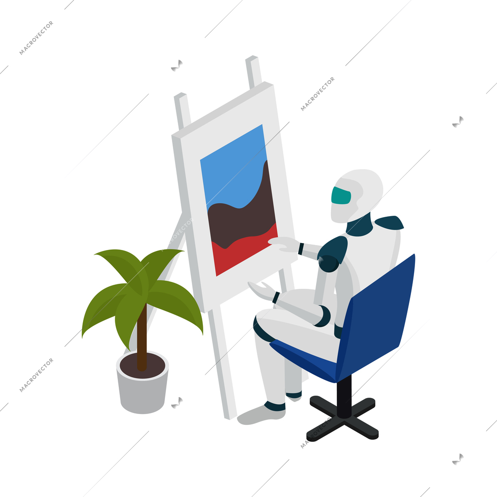 Creative robot artist working on painting artificial intelligence isometric icon vector illustration