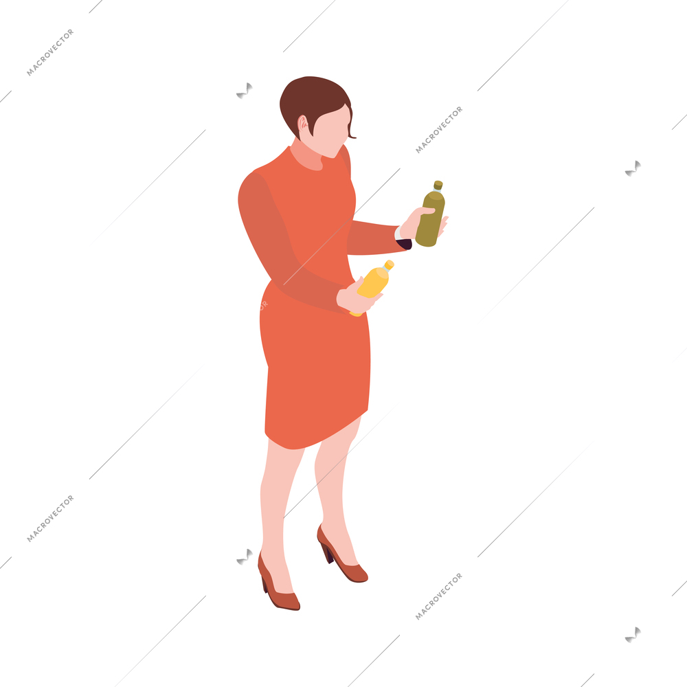 Female customer choosing drinks at supermarket isometric icon vector illustration