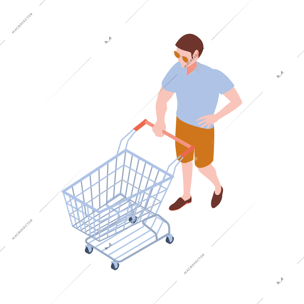 Male customer with empty shopping trolley at supermarket isometric icon vector illustration