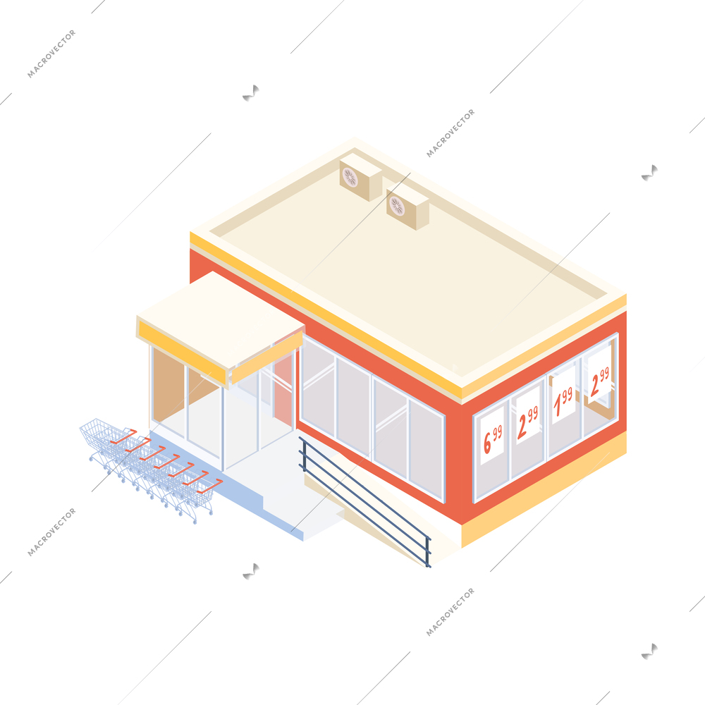 Supermarket building with row of shopping trolleys isometric vector illustration