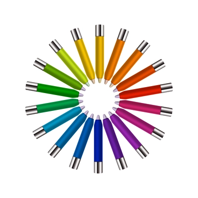 Color theory wheel concept with colored pens arranged in circle realistic vector illustration