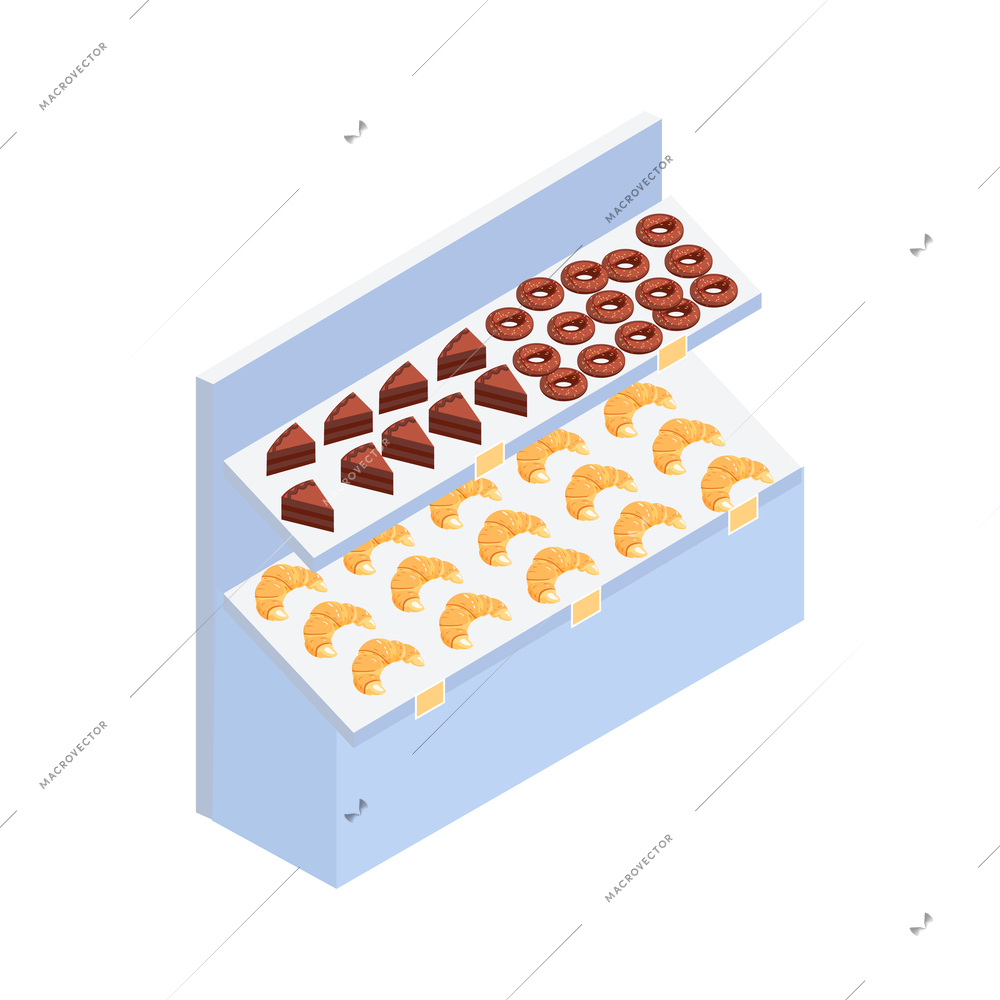 Supermarket bakery interior isometric icon with fresh pastry on shelves vector illustration