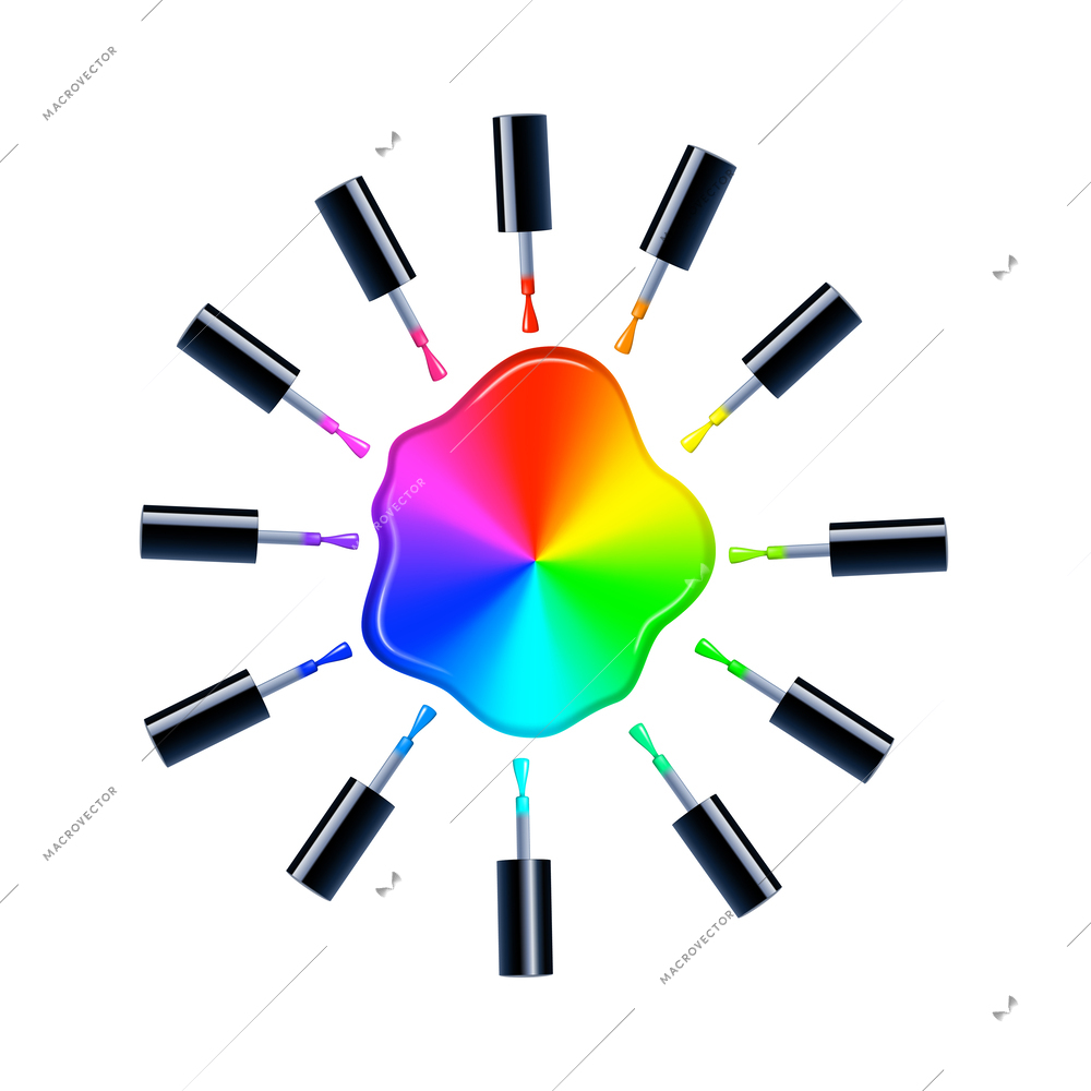 Color theory wheel concept with colored nail polishes arranged in circle realistic vector illustration