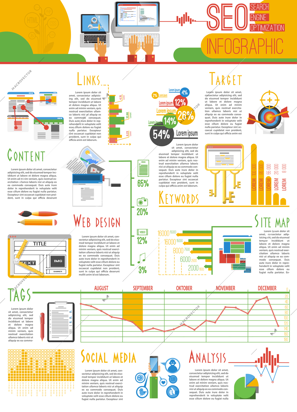 Search engine optimization for web pages visibility results and analysis infograhic report presentation poster abstract vector illustration