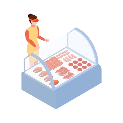 Fish and meat department at supermarket with female seller isometric icon 3d vector illustration