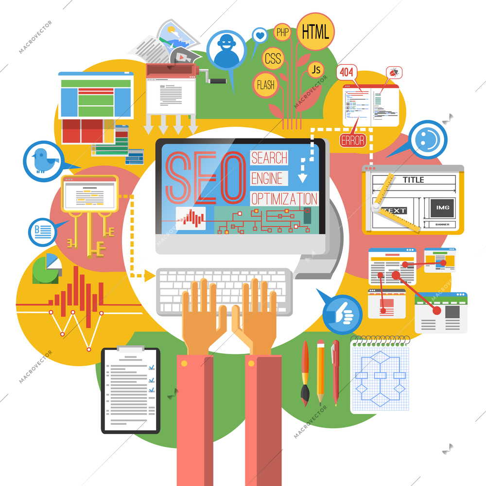 Seo concept computer search engine optimization coding  poster print with site map infographic elements abstract vector illustration