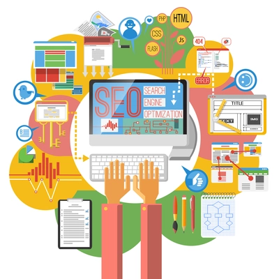 Seo concept computer search engine optimization coding  poster print with site map infographic elements abstract vector illustration