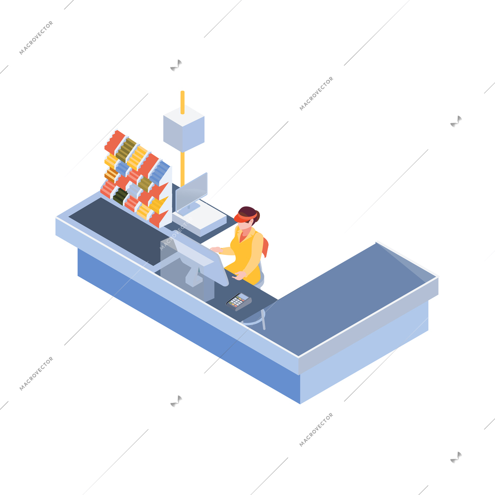 Supermarket cashdesk with female cashier isometric icon vector illustration