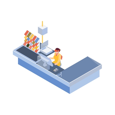 Supermarket cashdesk with female cashier isometric icon vector illustration