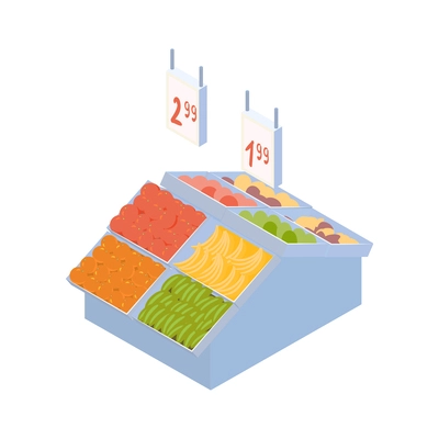 Supermarket display with fresh fruits isometric icon 3d vector illustration