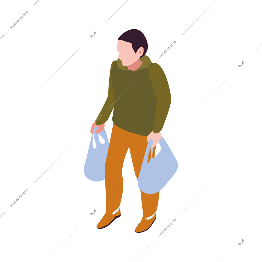 Man with plastic bags doing shopping at supermarket isometric icon vector illustration