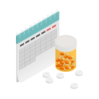 White pills bottle of capsules and calendar isometric icon 3d vector illustration