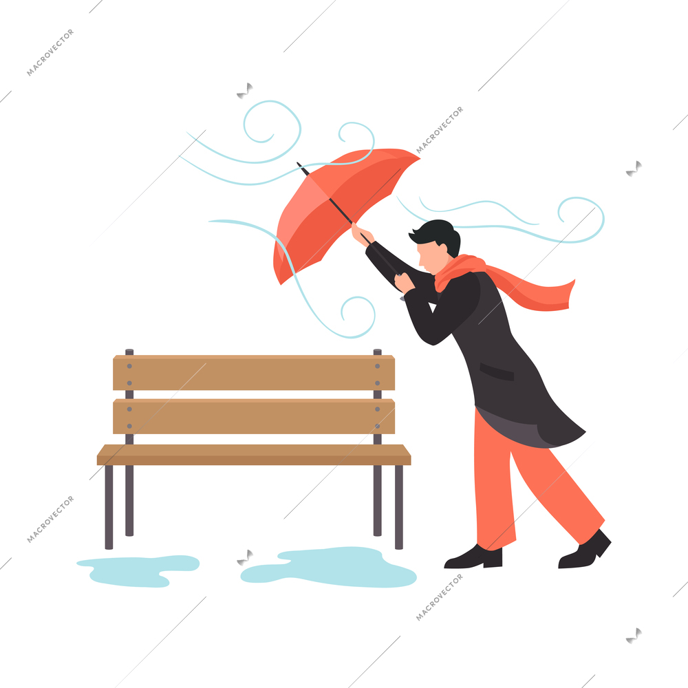 Bad rainy weather concept with man walking under umbrella under strong wind flat vector illustration