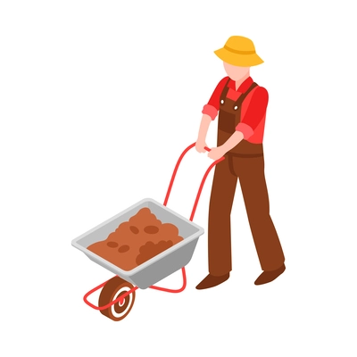 Gardener with wheelbarrow isometric character 3d vector illustration