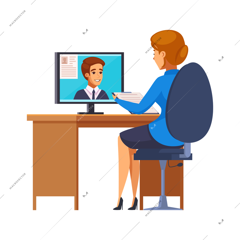 Recruitment hiring hunting cartoon icon with human resources representative reading candidate resume on computer vector illustration