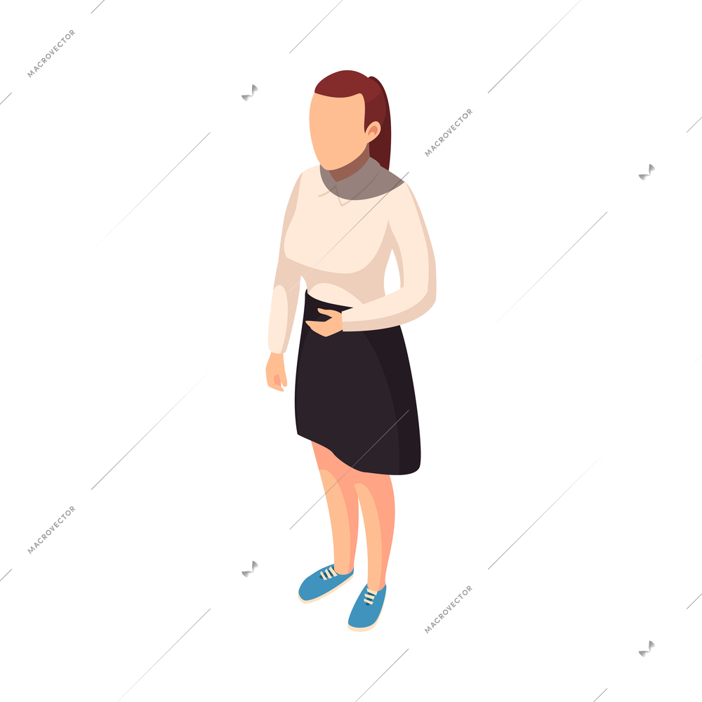 Young woman wearing skirt and blouse isometric character vector illustration