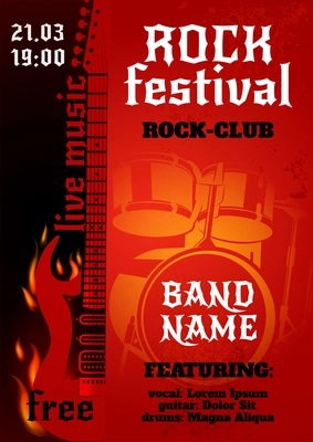 Rock music group concert or festival poster with burning guitar and drums vector illustration