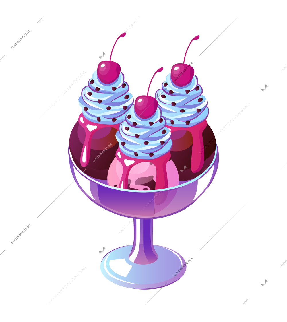 Three scoops of ice cream with cherry and topping in glass bowl flat vector illustration