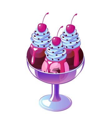 Three scoops of ice cream with cherry and topping in glass bowl flat vector illustration