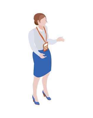 Expo trade exhibition female company representative isometric icon vector illustration