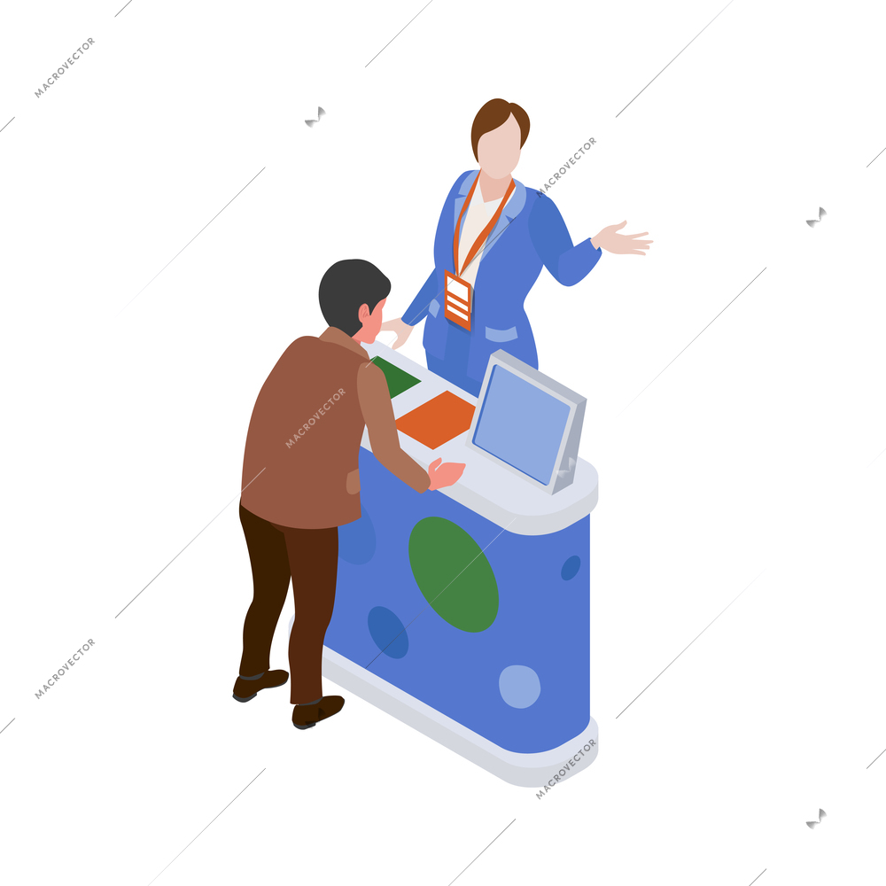 Isometric expo trade exhibition icon with company representative telling visitor about product vector illustration