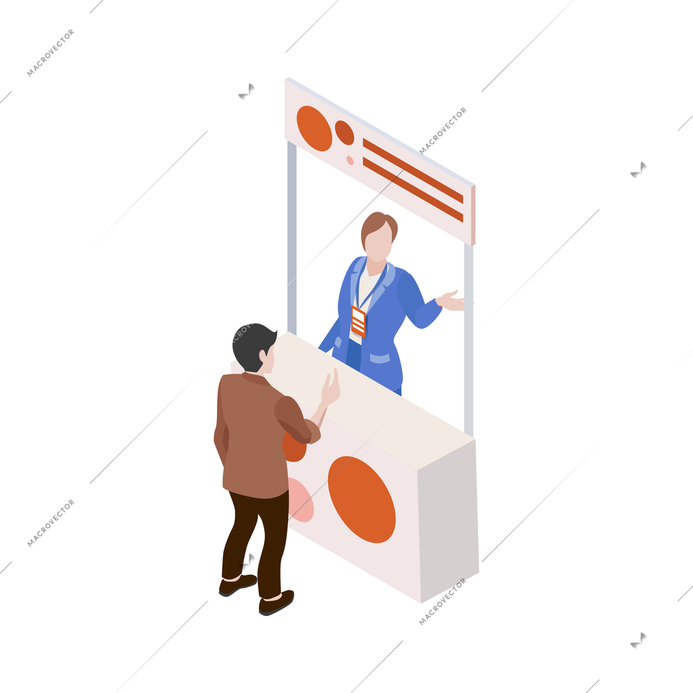 Isometric expo trade exhibition icon with visitor communicating with company representative vector illustration