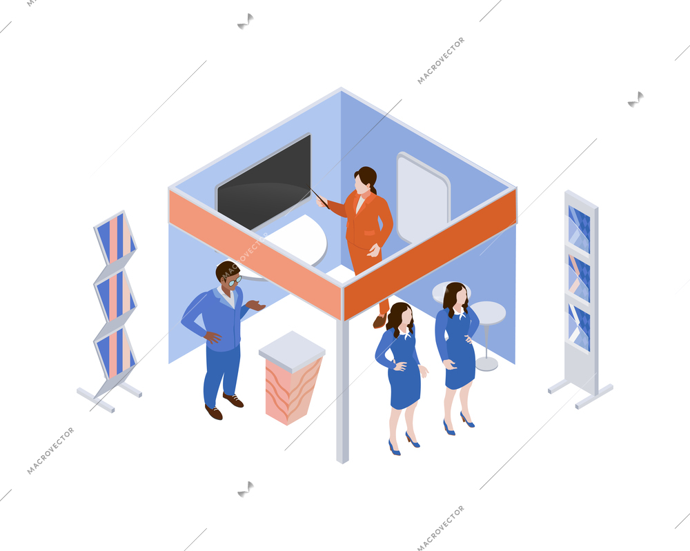 Isometric expo trade exhibition icon with company represenatives ready to tell about product vector illustration