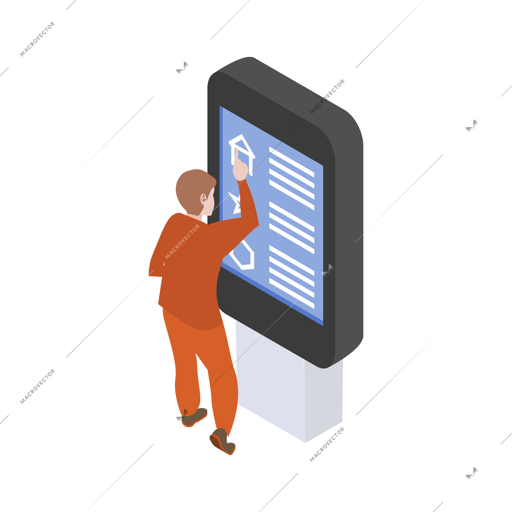 Isometric expo trade exhibition icon with person looking at digital promotional stand vector illustration