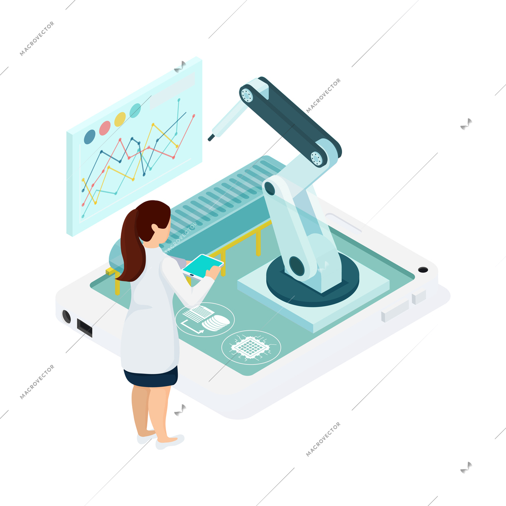 Smart industry intelligent manufacturing isometric icon with automated robotic arm vector illustration